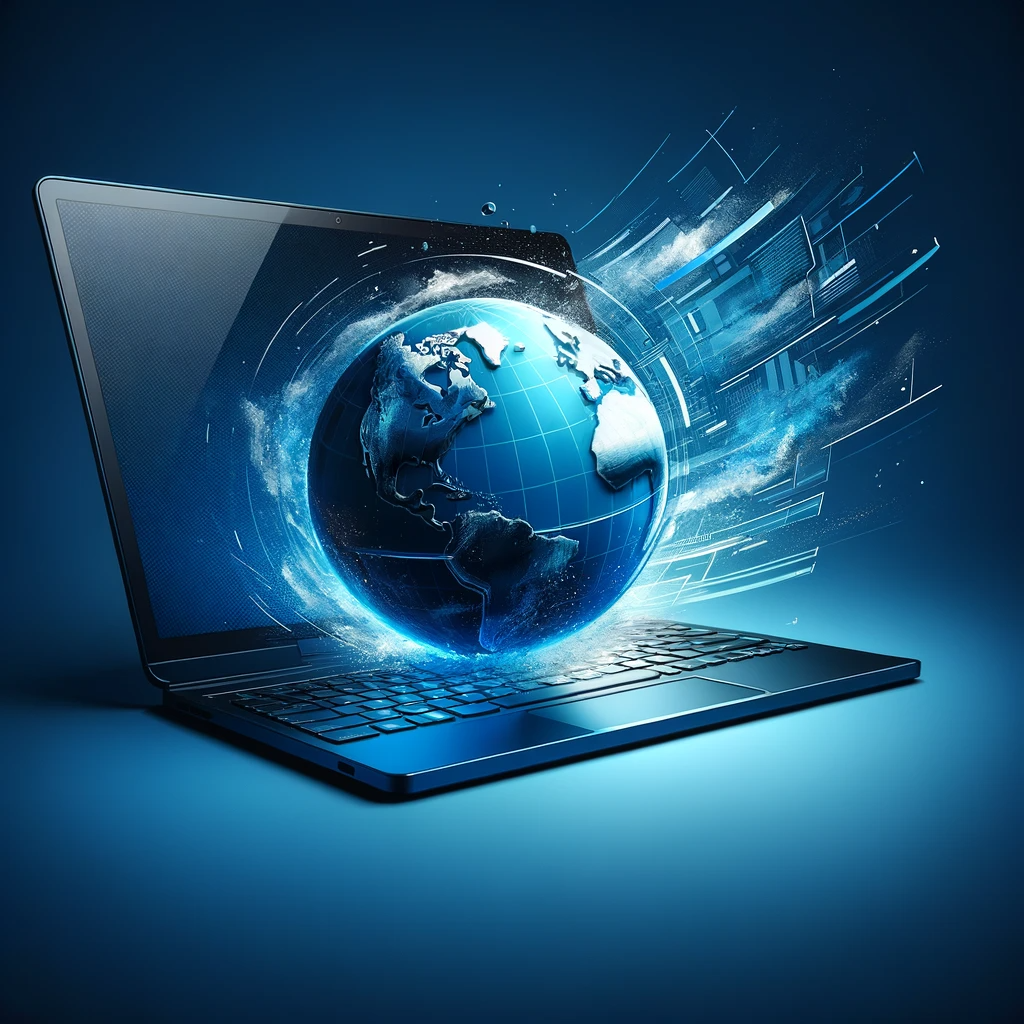 DALL·E 2023-12-12 22.02.33 - Design concept of the Earth emerging from a laptop screen, set within a blue and black color theme. The Earth should b
